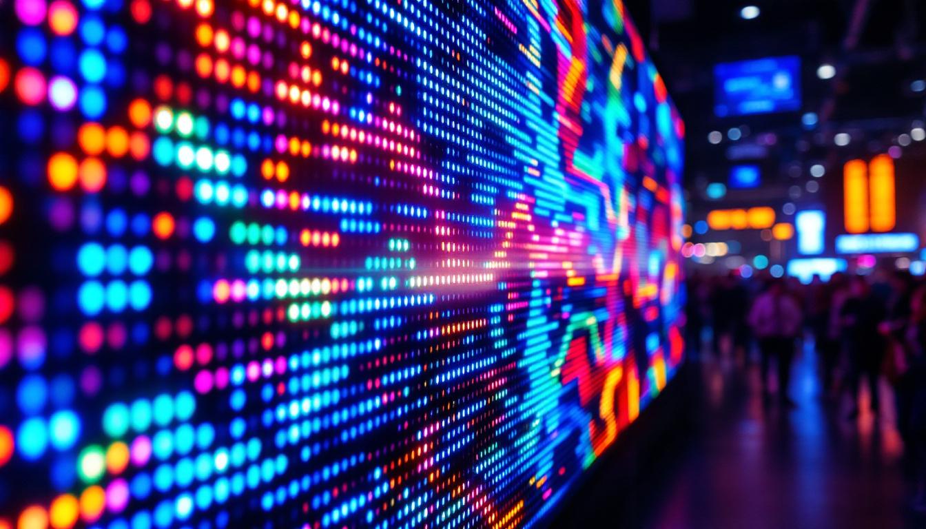 A photograph of a vibrant led display showcasing dynamic colors and patterns