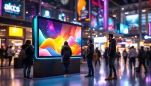 A photograph of a vibrant kiosk tv setup in a bustling public space