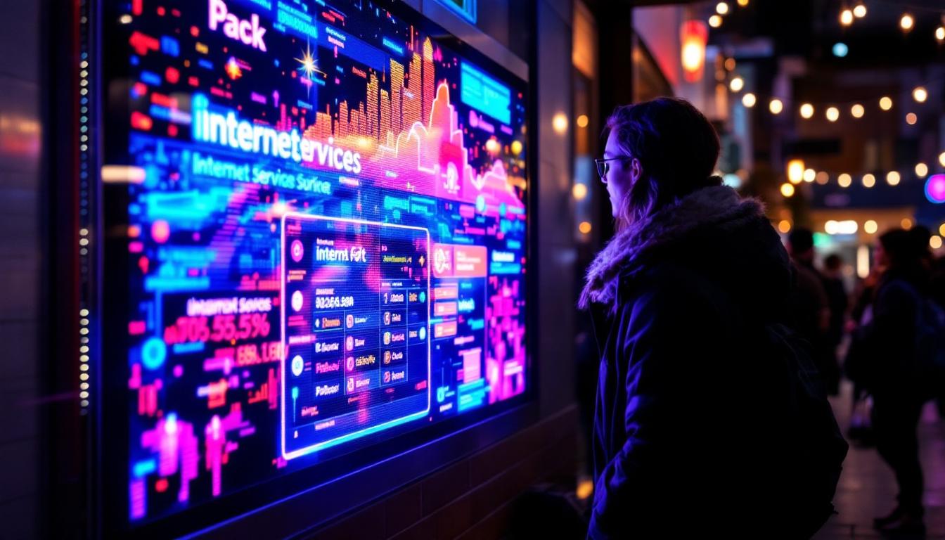 A photograph of a vibrant led display showcasing internet service options in a bustling beaverton neighborhood
