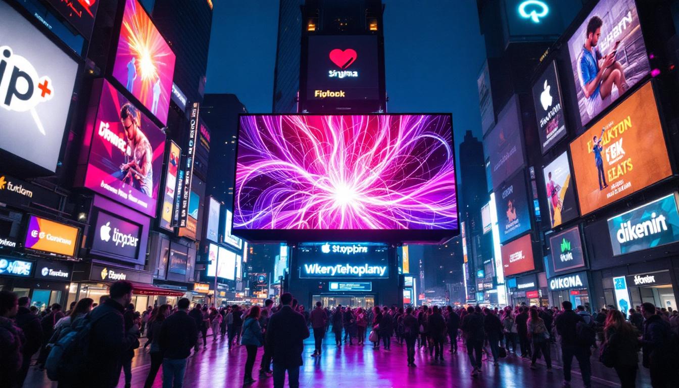 A photograph of a vibrant led display in a dynamic urban setting