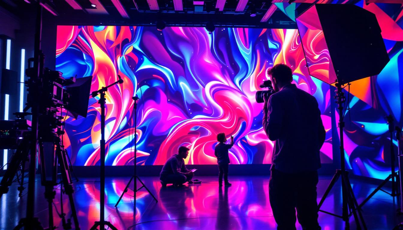 A photograph of a vibrant led display in a production studio setting