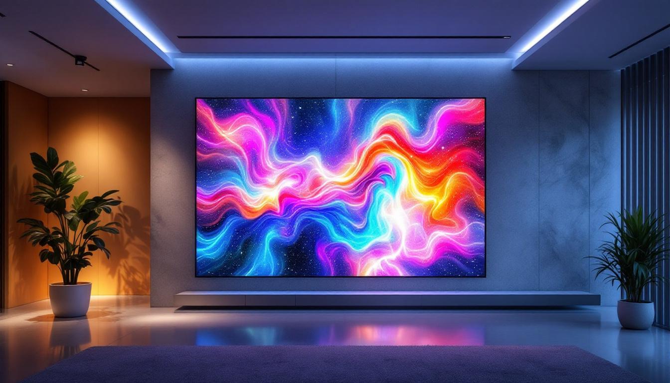 A photograph of a vibrant digital wall art screen displaying an eye-catching design in a modern interior setting