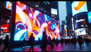 A photograph of capture a photograph of a vibrant led display in a bustling urban setting