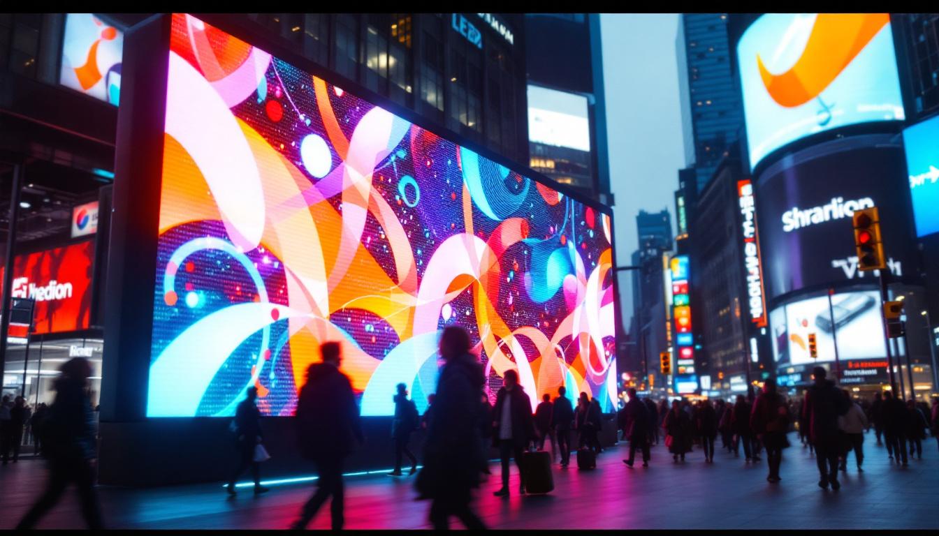 A photograph of capture a photograph of a vibrant led display in a bustling urban setting