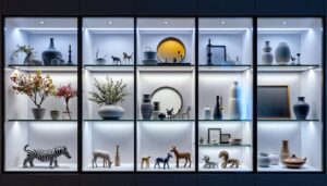 A photograph of a stylish display cabinet illuminated by soft led lighting