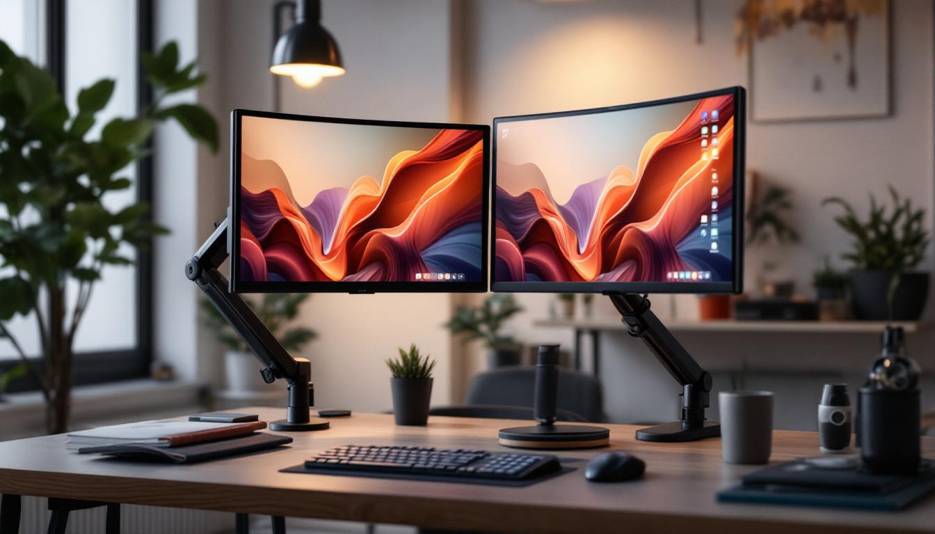 A photograph of a dual adjustable monitor stand featuring an led display in a modern workspace