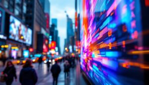 A photograph of a vibrant led display showcasing dynamic visuals in a bustling urban environment