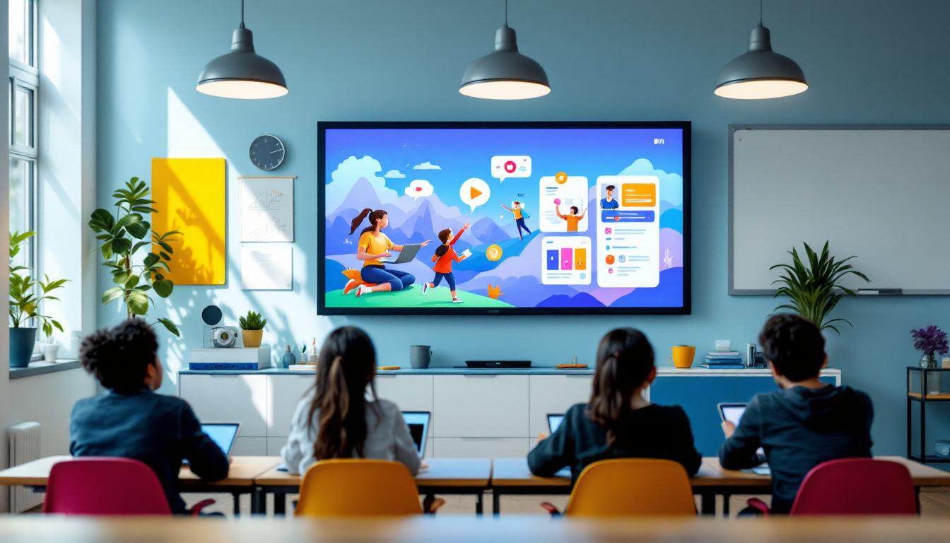 A photograph of a modern classroom setting featuring a vibrant led display showcasing educational content