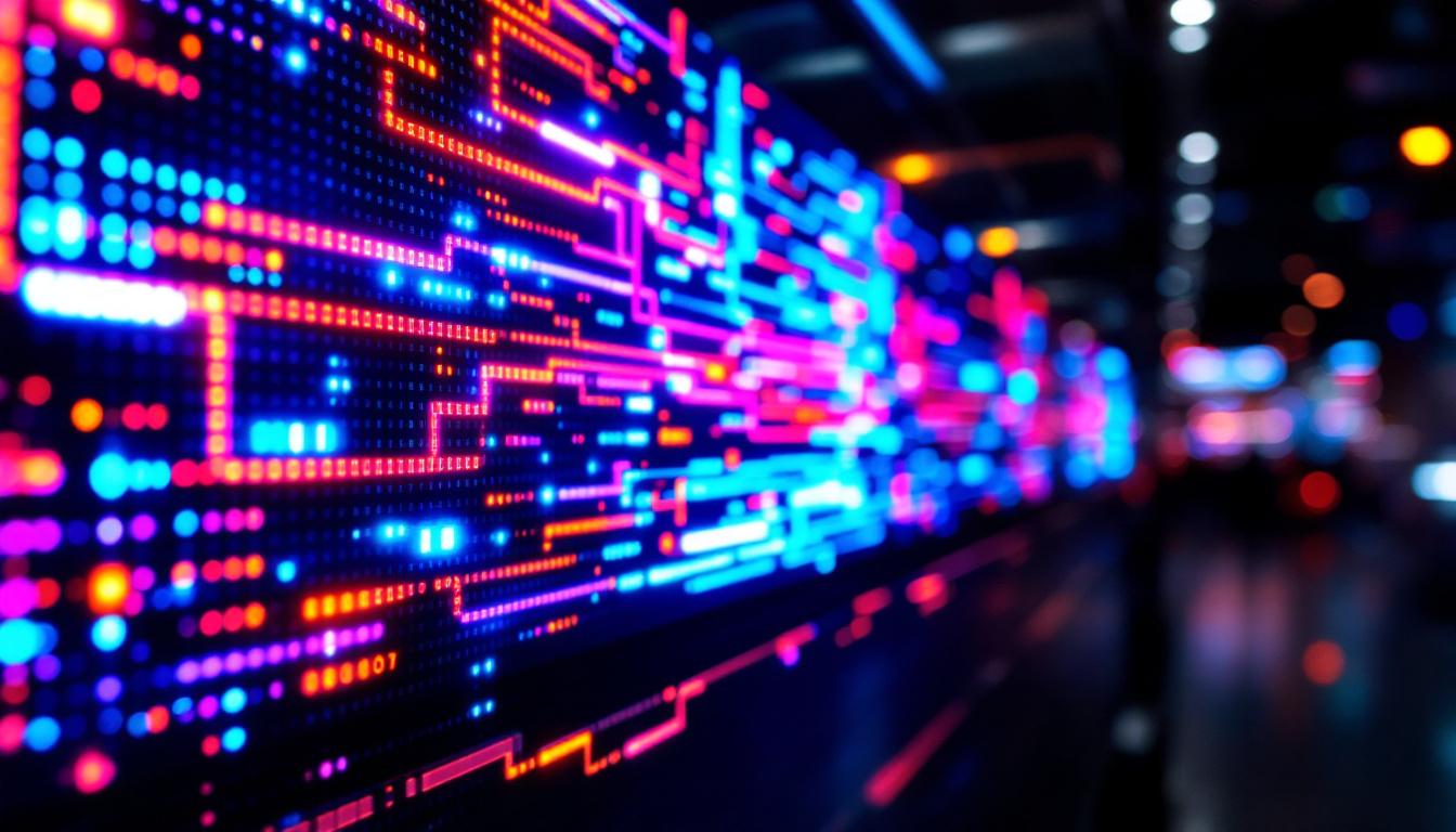 A photograph of a close-up shot of a vibrant led display showcasing dynamic visuals or text