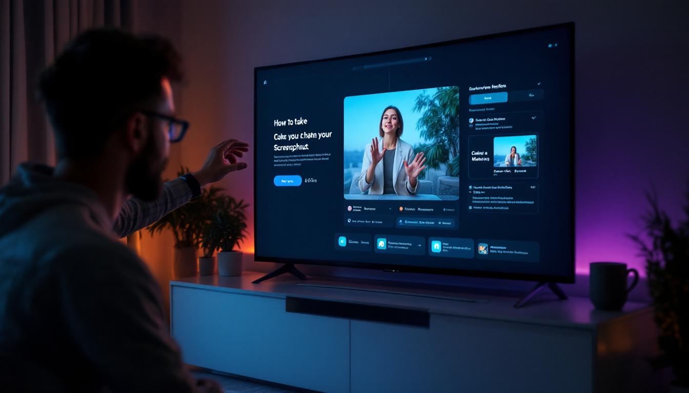 A photograph of a person demonstrating how to take a screenshot on a large led tv