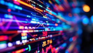 A photograph of a close-up of a vibrant led display showcasing dynamic visuals