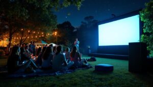 A photograph of capture a photograph of a vibrant outdoor setting featuring a large led video projector in action