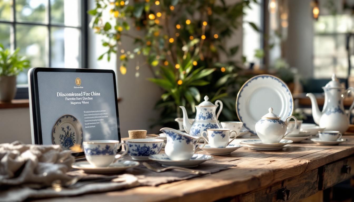 A photograph of a beautifully arranged set of discontinued fine china pieces displayed on a rustic wooden table