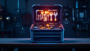 A photograph of capture a photograph of a stackable tool box system featuring an illuminated led display