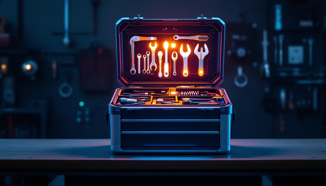 A photograph of capture a photograph of a stackable tool box system featuring an illuminated led display