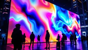 A photograph of capture a photograph of a vibrant led display in an urban setting