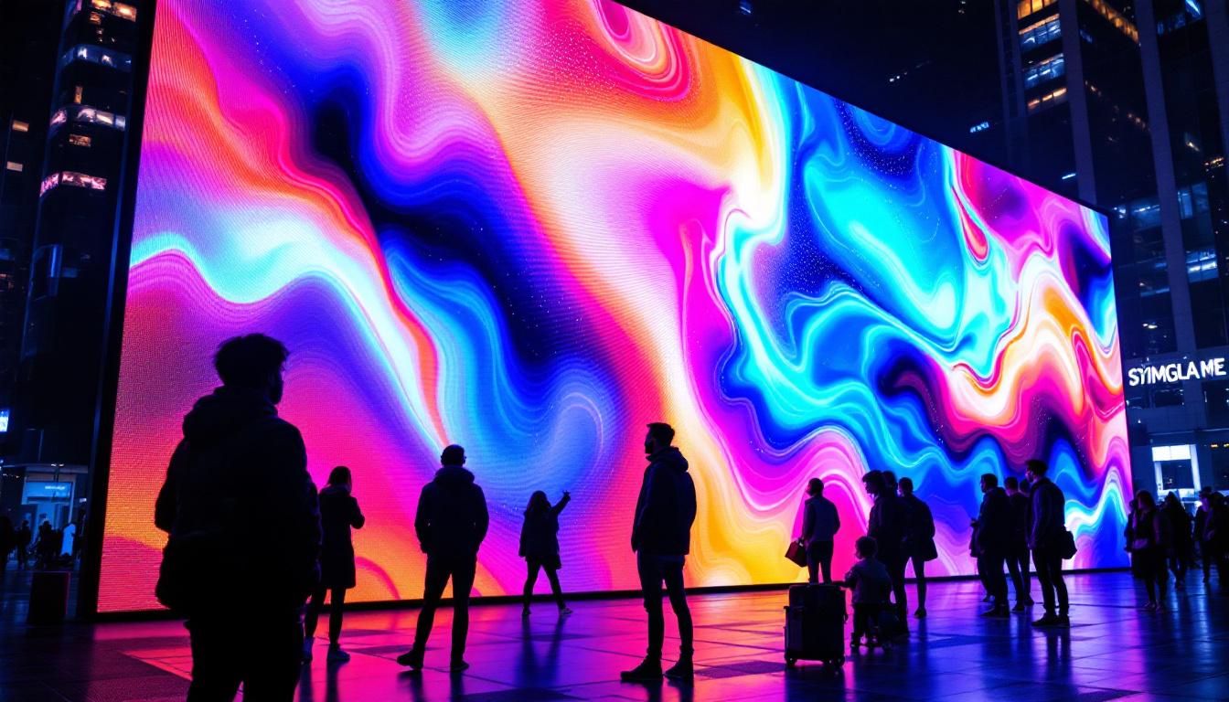 A photograph of capture a photograph of a vibrant led display in an urban setting