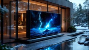 A photograph of a weatherproof cabinet designed for a tv