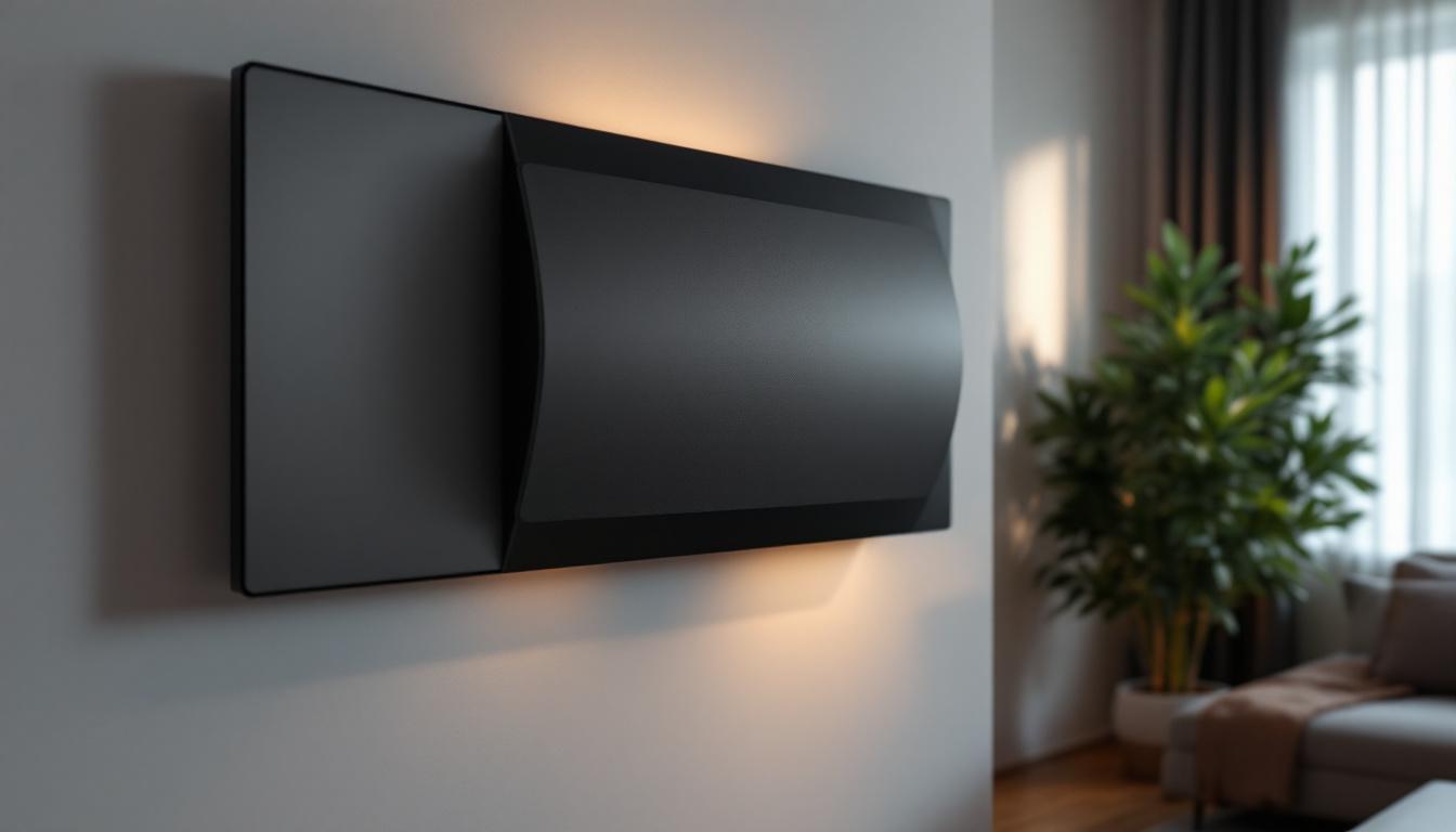 A photograph of a stylish in-wall speaker installation in a modern living room setting