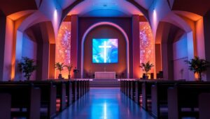A photograph of a beautifully designed church interior featuring an led display integrated into the wall decor