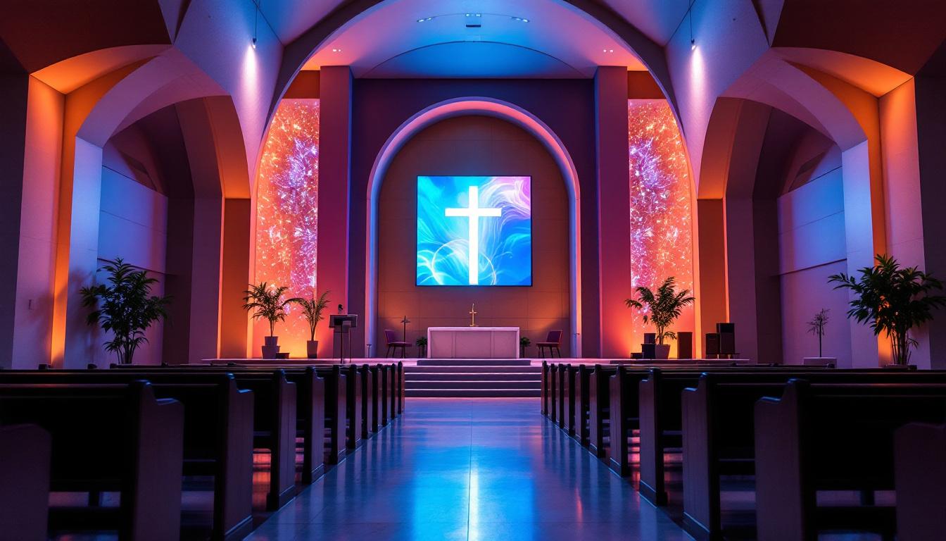 A photograph of a beautifully designed church interior featuring an led display integrated into the wall decor
