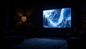 A photograph of a side-by-side comparison of a black projector screen and a white projector screen in a dimly lit room