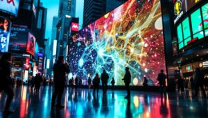 A photograph of a vibrant led display in a dynamic urban setting