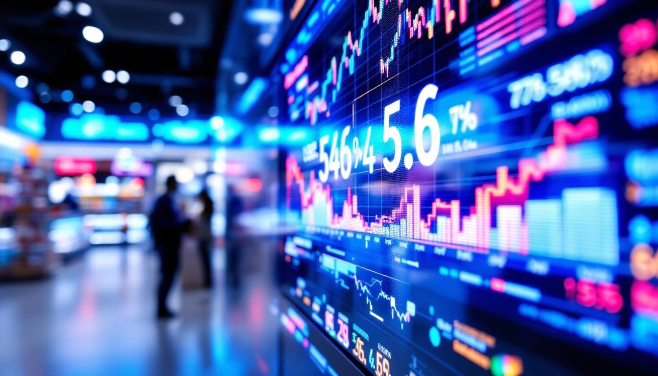A photograph of a close-up shot of a vibrant led display showcasing dynamic sales data