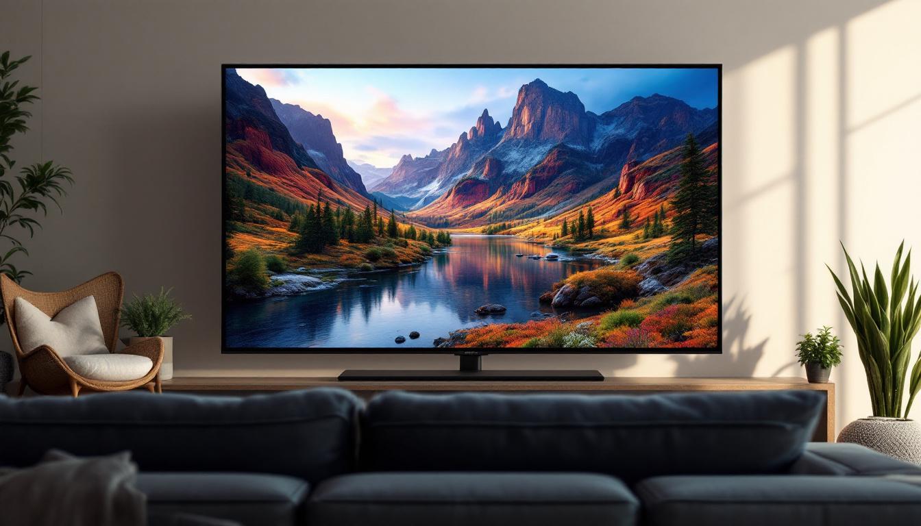 A photograph of a sleek 65-inch led flat screen tv in a modern living room setting