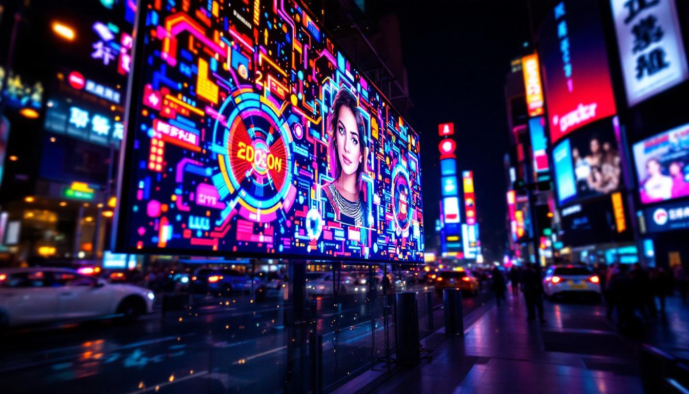 A photograph of a vibrant led display in a bustling urban setting at night