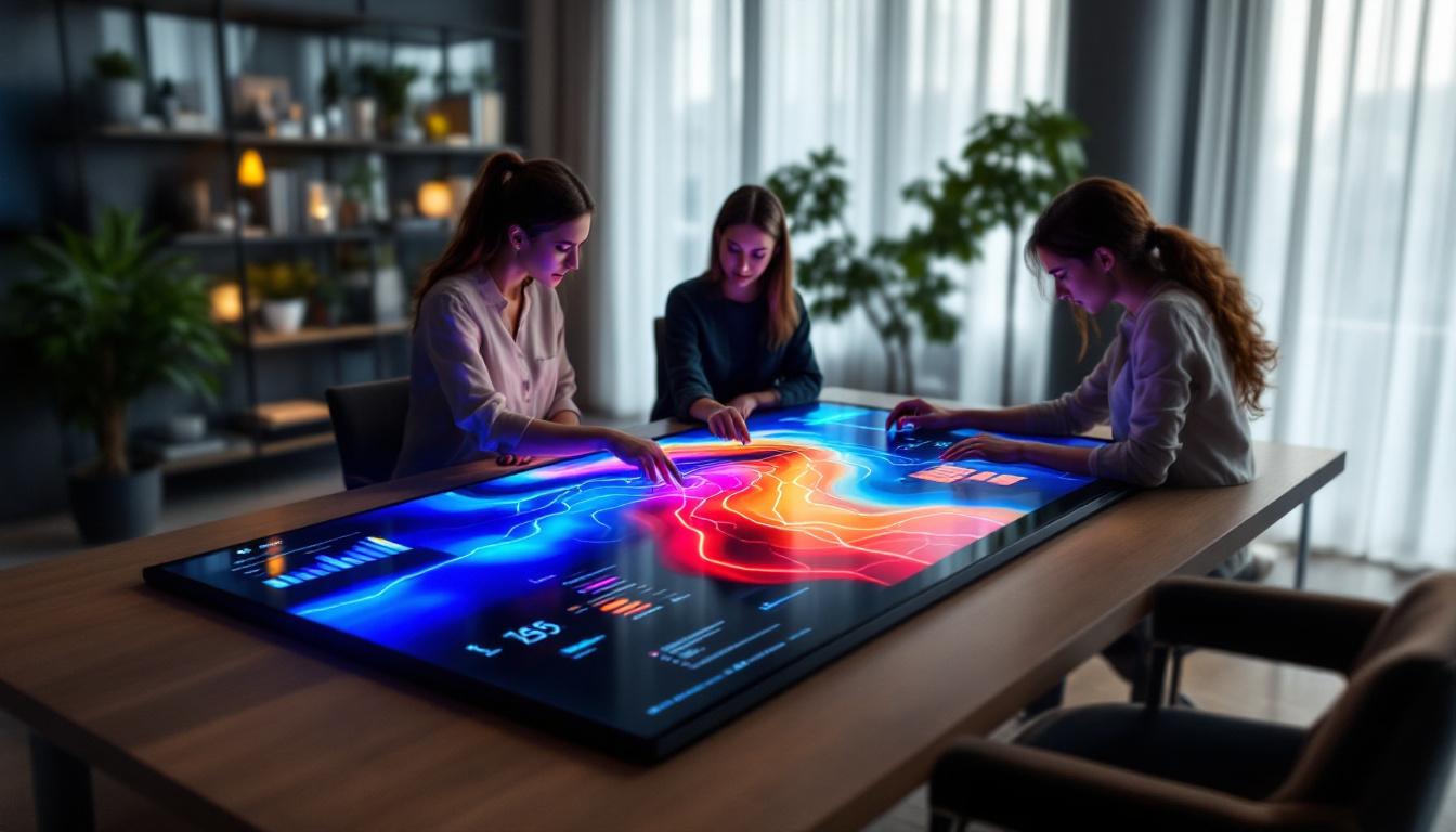 A photograph of a sleek touch screen plan table in an elegant workspace