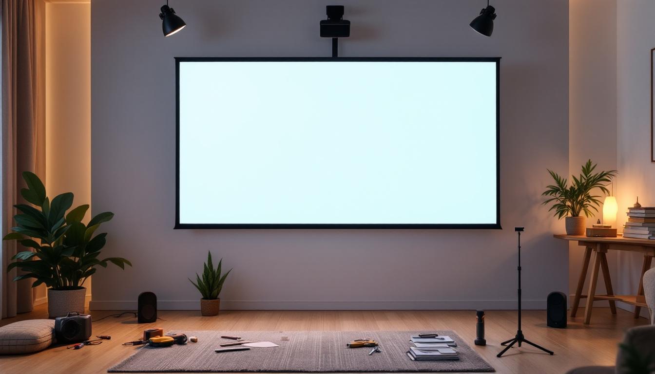 A photograph of a well-lit setup showing the step-by-step installation process of a projector screen