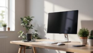 A photograph of a modern portable office setup featuring a sleek led display