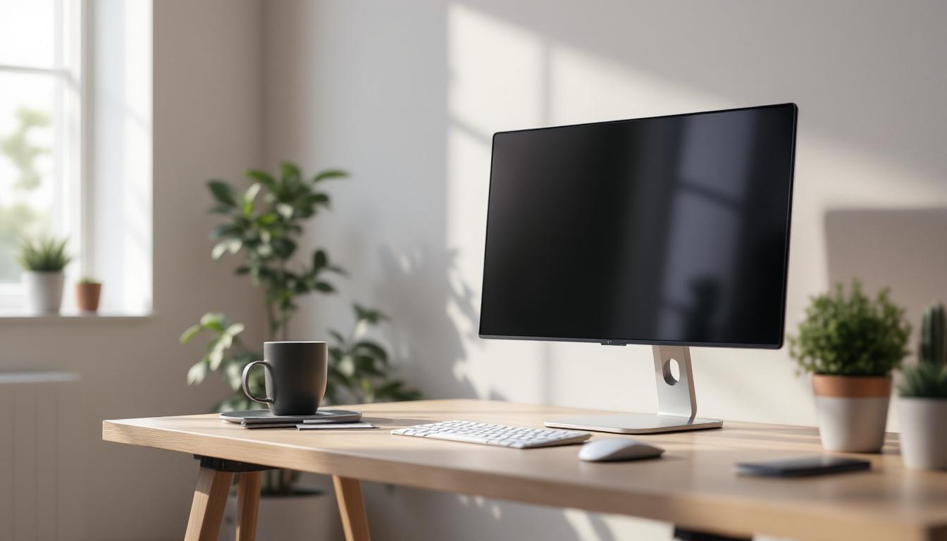 A photograph of a modern portable office setup featuring a sleek led display