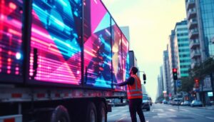 A photograph of a person carefully loading a 16-foot led display board onto a truck