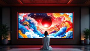 A photograph of capture a photograph of a beautifully designed japanese wall screen featuring an led display