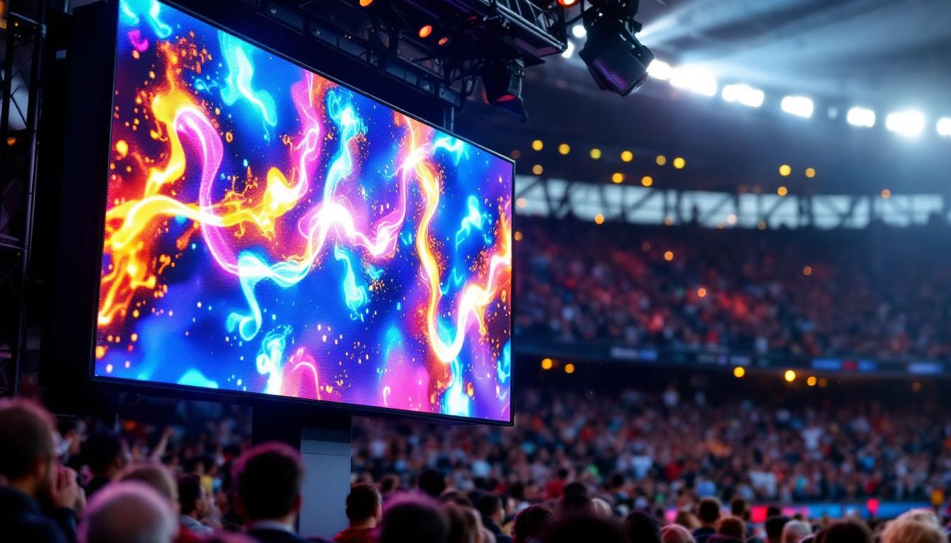 A photograph of a vibrant led pitch monitor displaying dynamic graphics during a sports event