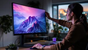 A photograph of a person adjusting the height of a sleek led monitor on an ergonomic stand