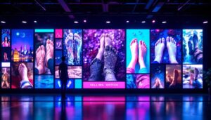 A photograph of a vibrant led display showcasing an array of artistic feet pictures