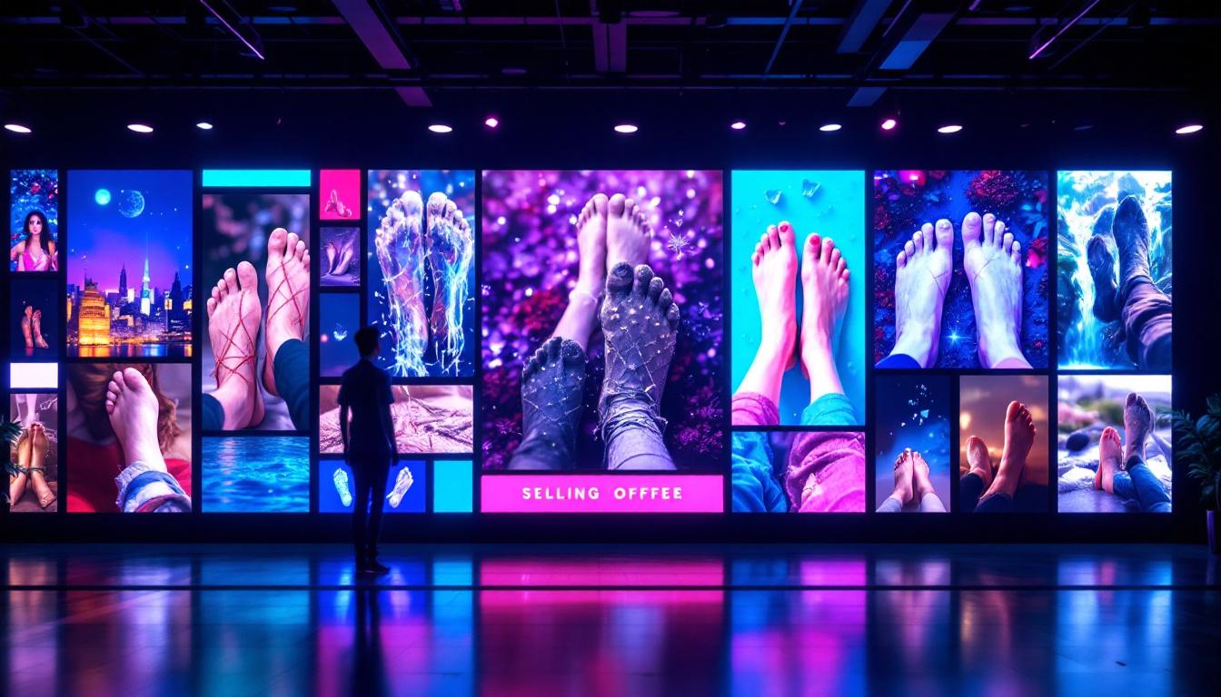 A photograph of a vibrant led display showcasing an array of artistic feet pictures