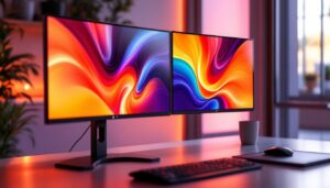 A photograph of a sleek dual screen desk stand in a modern workspace setting