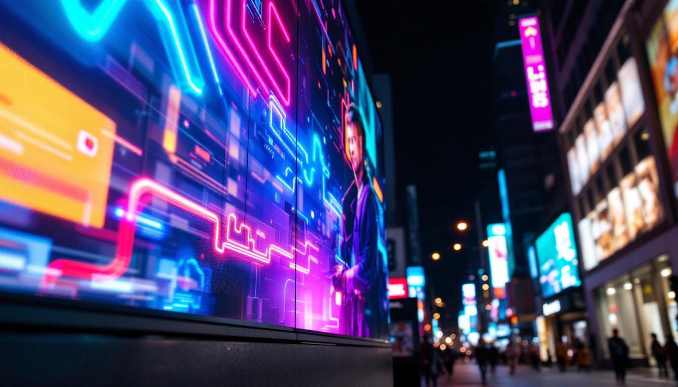A photograph of a vibrant led display showcasing a vertical video in an engaging urban setting