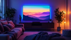 A photograph of a cozy living room setup featuring a 75-inch led tv