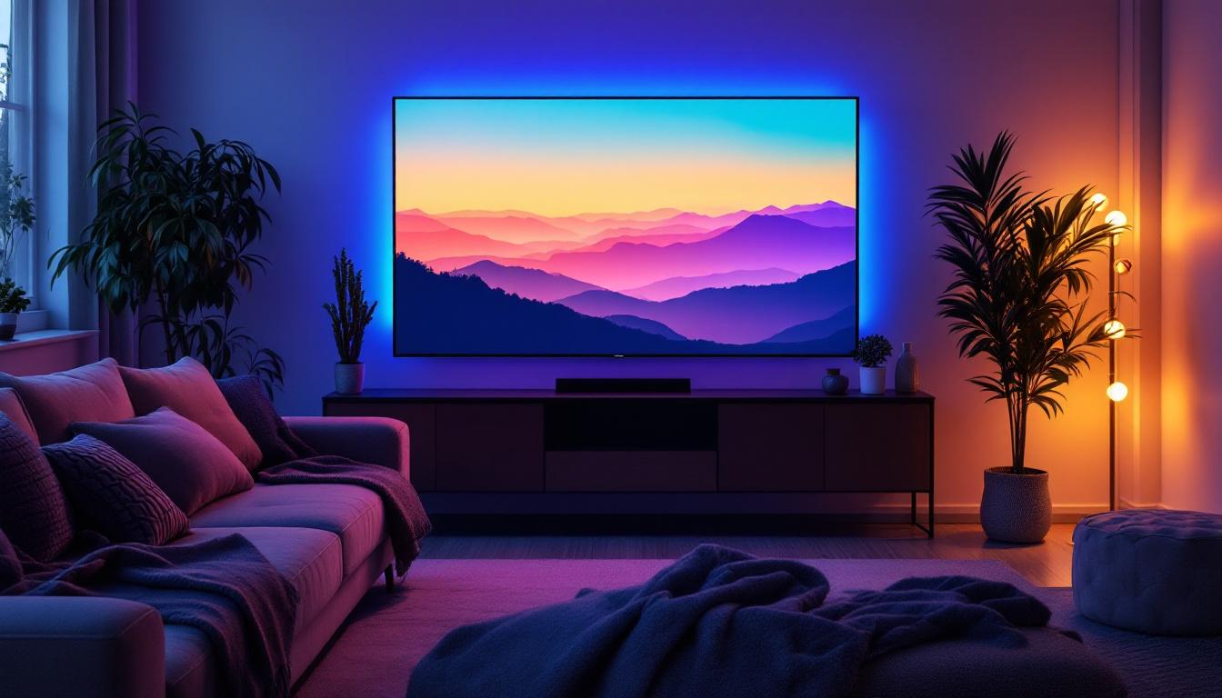 A photograph of a cozy living room setup featuring a 75-inch led tv