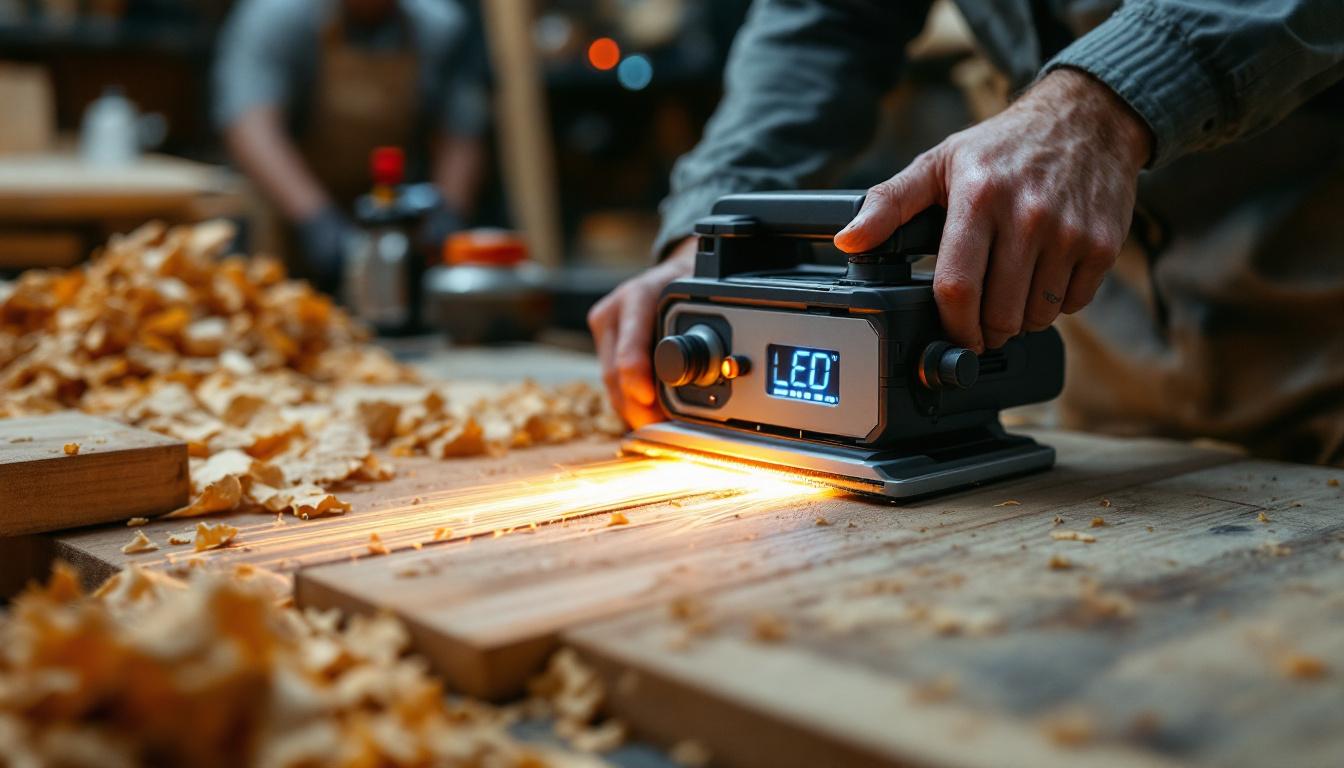 A photograph of a portable planer in action