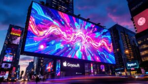 A photograph of a vibrant led display showcasing dynamic visuals or text
