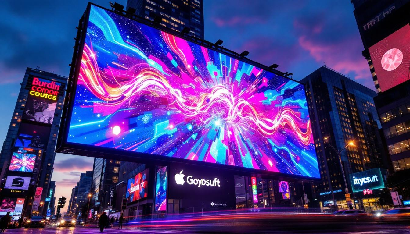 A photograph of a vibrant led display showcasing dynamic visuals or text