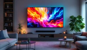 A photograph of a stylish living room featuring an eye-catching led wall art display