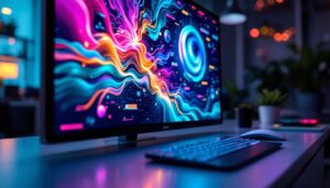 A photograph of a close-up shot of a vibrant led screen displaying dynamic visuals