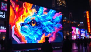 A photograph of a vibrant led display showcasing dynamic visuals or graphics